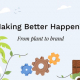 Palm tree, gears, chocolate bar, with text that states, Making Better Happen™ From Plant to Brand